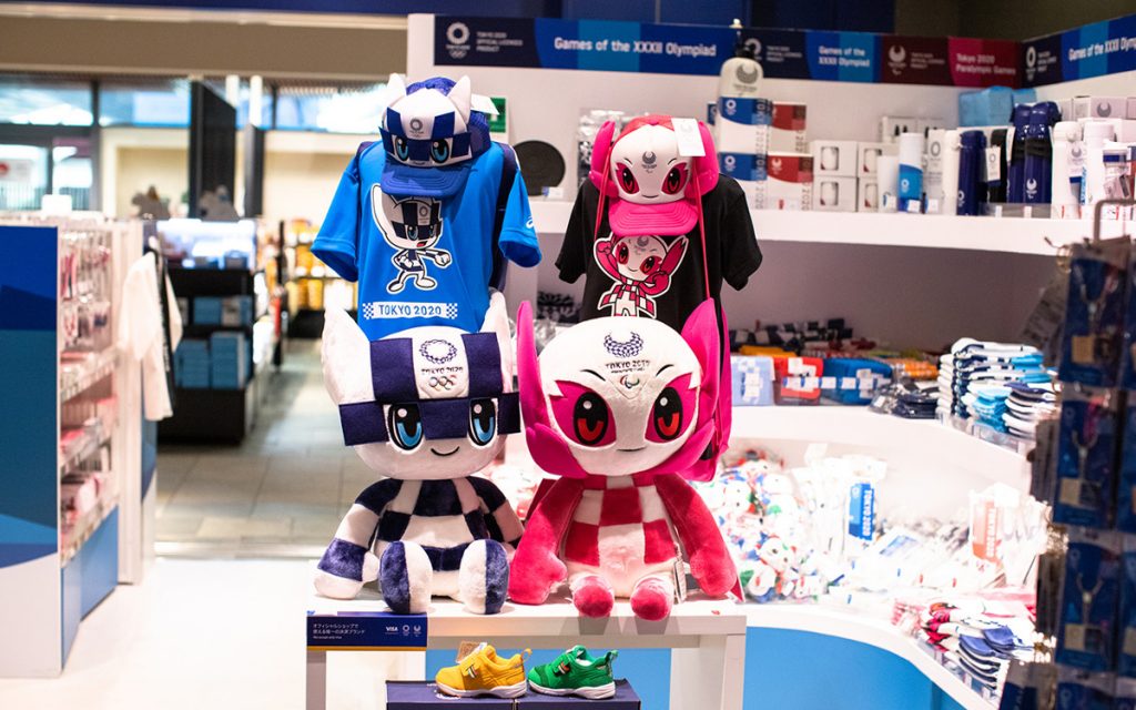 Tokyo Olympics 2020 official goods store with a lot of toys of mascots Someity and Miraitowa in Tokyo, Japan